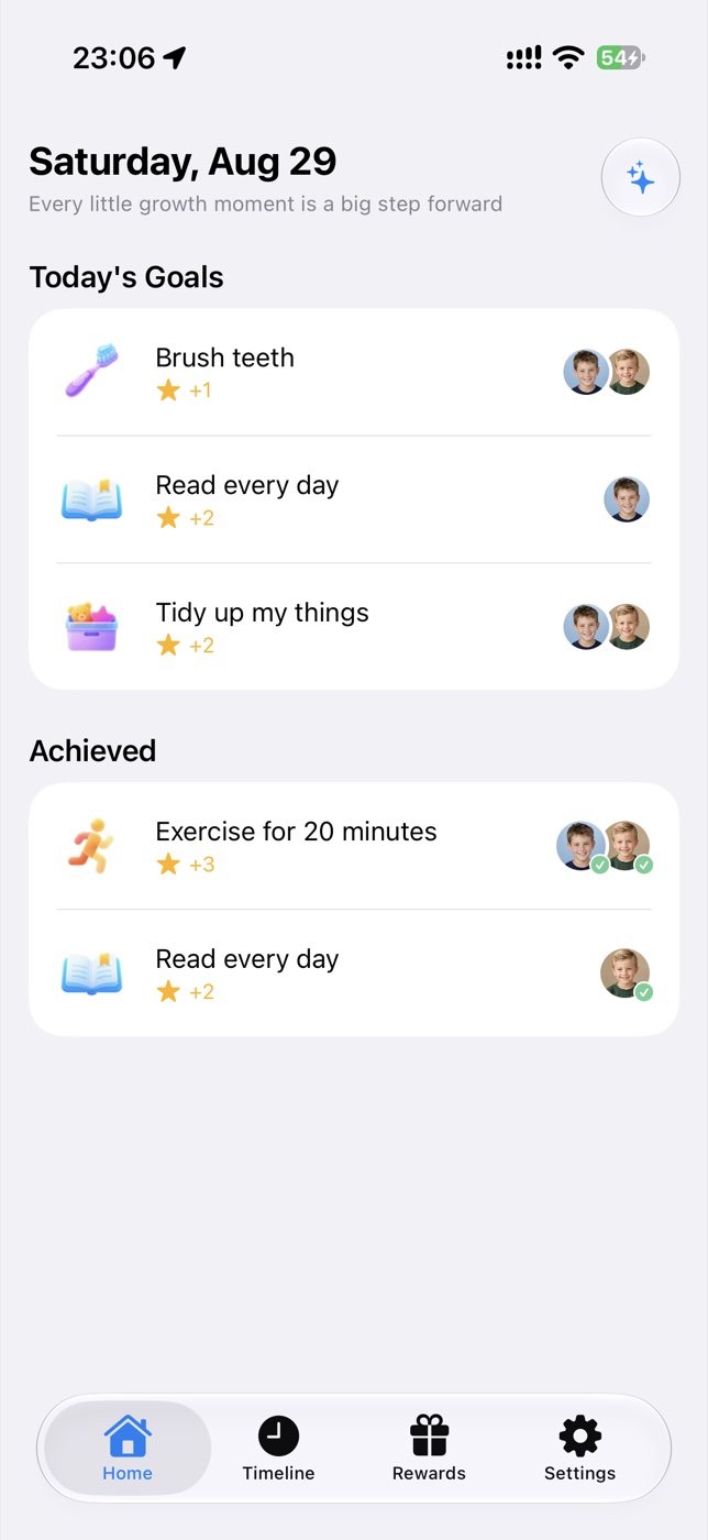 Star Buddy home screen showing today's goals and completed goals
