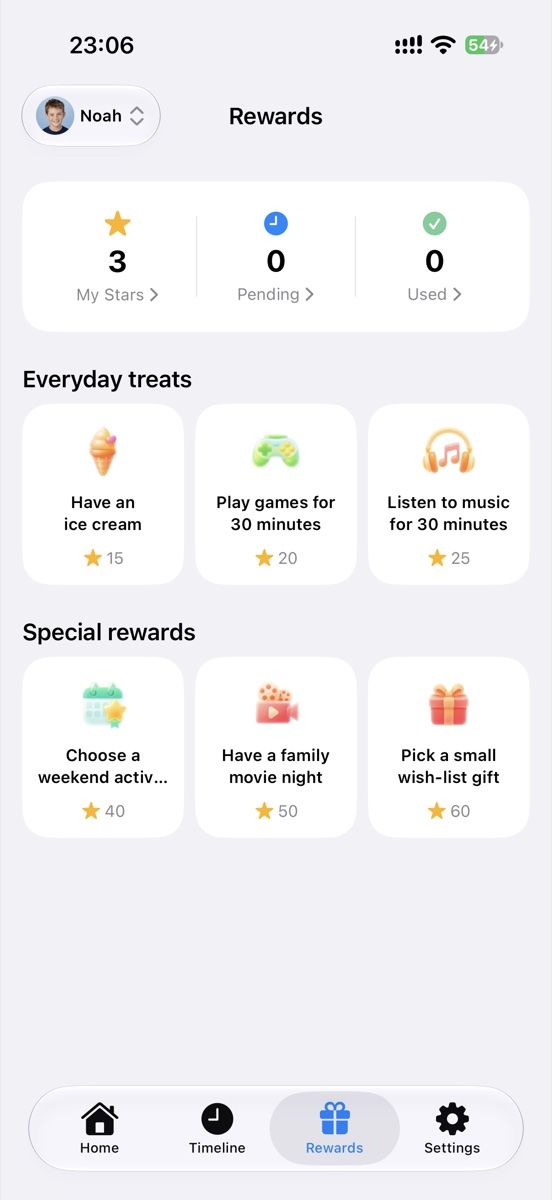 Star Buddy family rewards screen